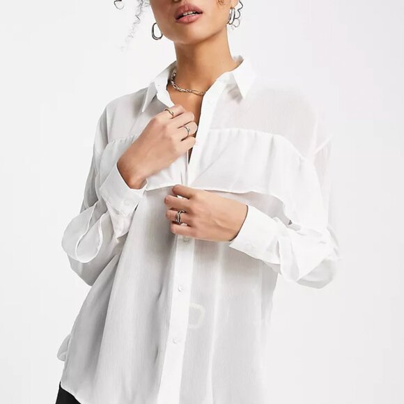 ASOS DESIGN Chiffon Ruffle Front Soft Shirt Sheer Minimalist Ivory White Size 4 - Picture 8 of 8